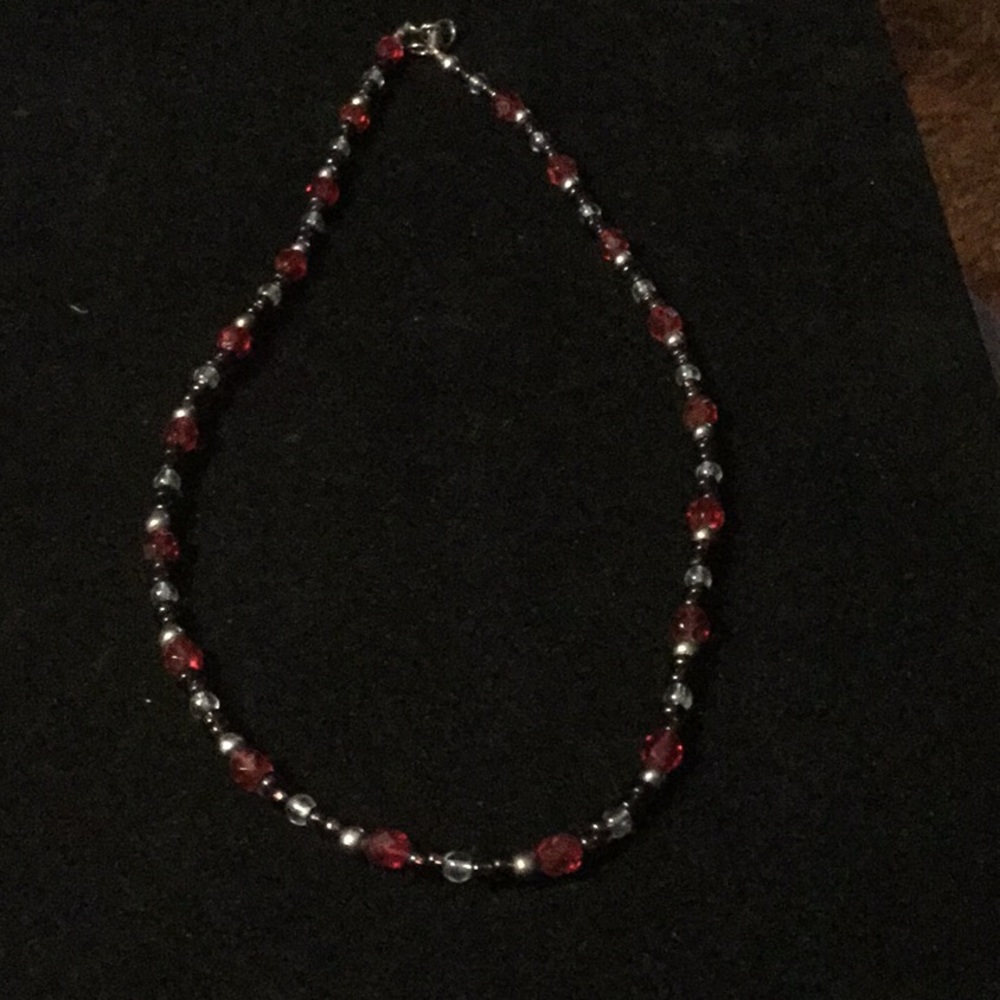 Handcrafted 18” red / clear/ brown necklace